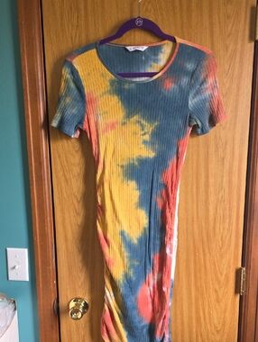 PatPat Multicolor Tie-Dye Ribbed Midi Dress - Yellow, Blue, Coral
